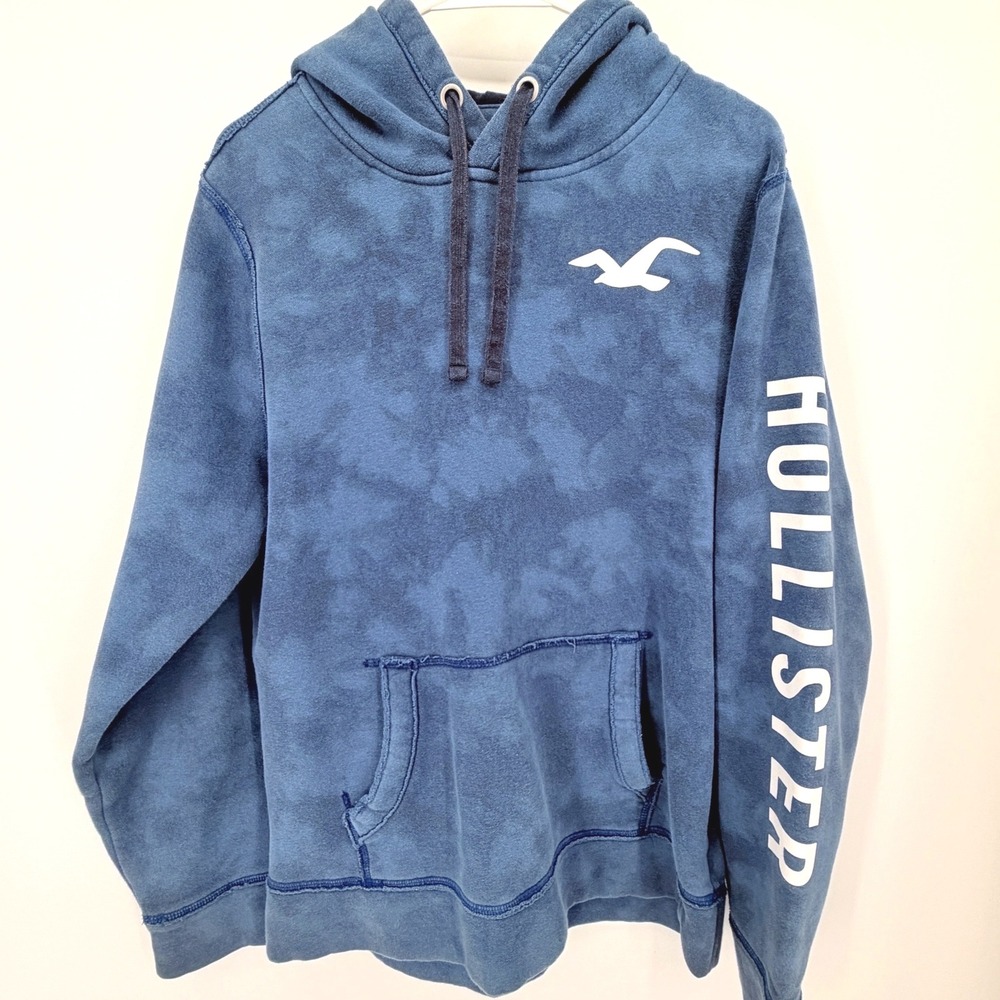 Hollister Iconic Feel Good Fleece Hoodie Mens L Blue Logo Sleeve Pullover